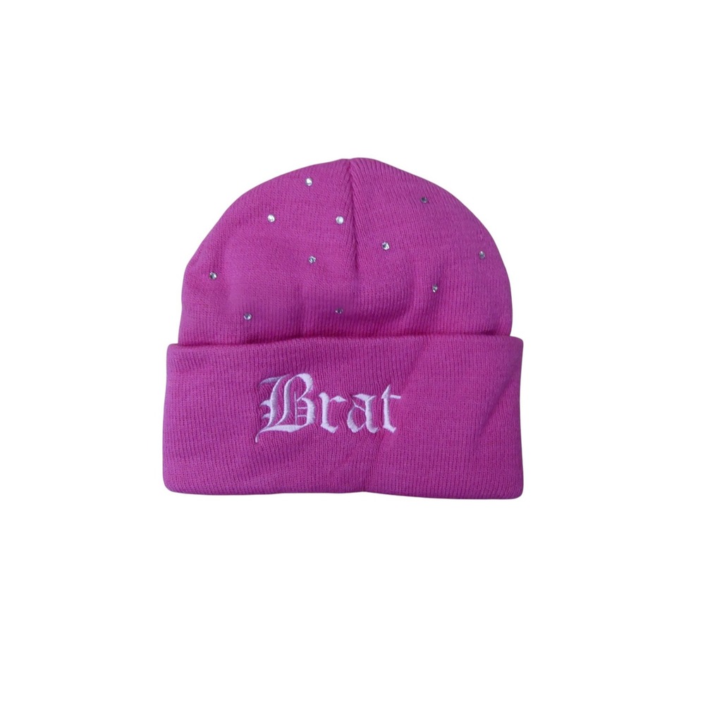 Claire's Beanie Hat Girls OS Pink  Brat Rhinestone Knit Cap 55025-1
